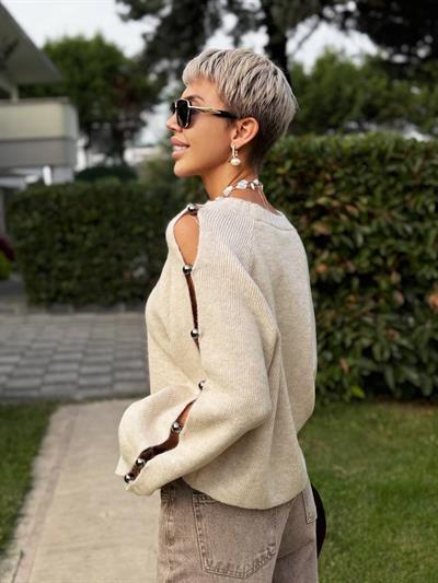 TAŞ RENK KOL TROK DETAYLI TRİKO KAZAK