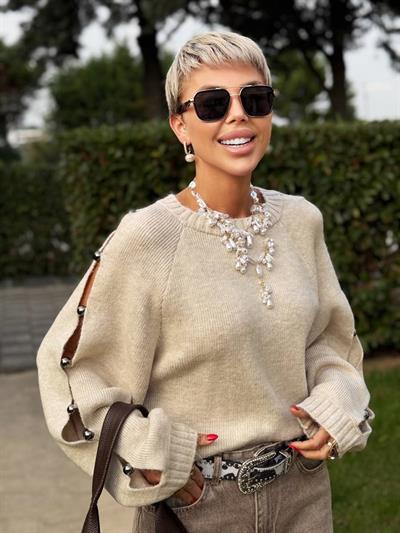 TAŞ RENK KOL TROK DETAYLI TRİKO KAZAK