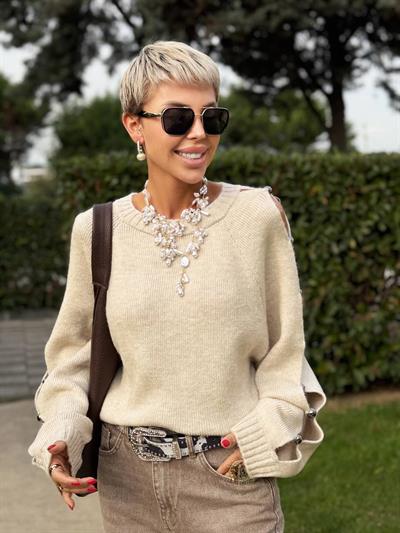 TAŞ RENK KOL TROK DETAYLI TRİKO KAZAK