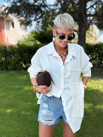 EKRU MAKROME CEPLİ OVERSIZE GÖMLEK