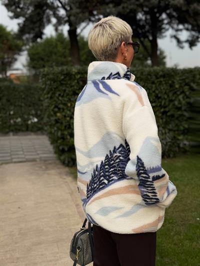 EKRU MAVİ SKİES DESENLİ DİK YAKA FERMUARLI POLAR SWEAT