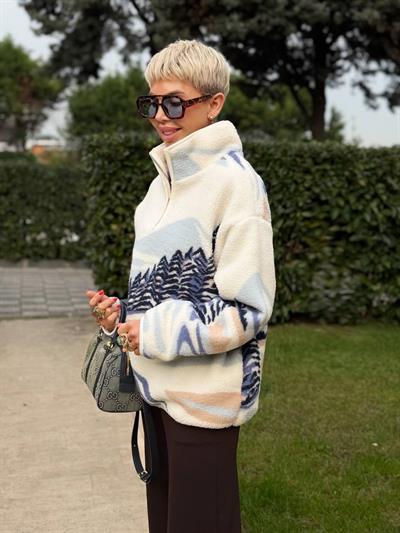 EKRU MAVİ SKİES DESENLİ DİK YAKA FERMUARLI POLAR SWEAT