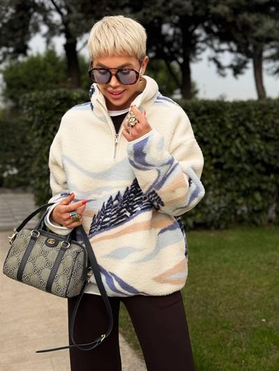 EKRU MAVİ SKİES DESENLİ DİK YAKA FERMUARLI POLAR SWEAT