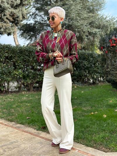 EKRU ÖNÜ DİKİŞLİ DERİ PANTOLON