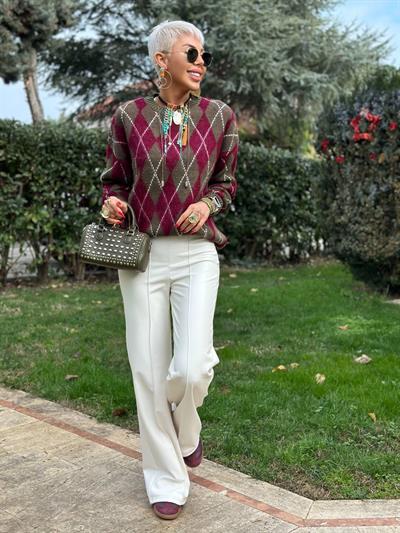 EKRU ÖNÜ DİKİŞLİ DERİ PANTOLON