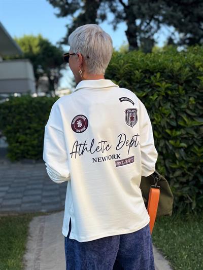 EKRU POLO YAKA COLLAGE BASKILI SWEATSHIRT