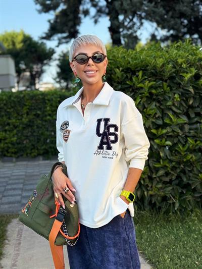 EKRU POLO YAKA COLLAGE BASKILI SWEATSHIRT