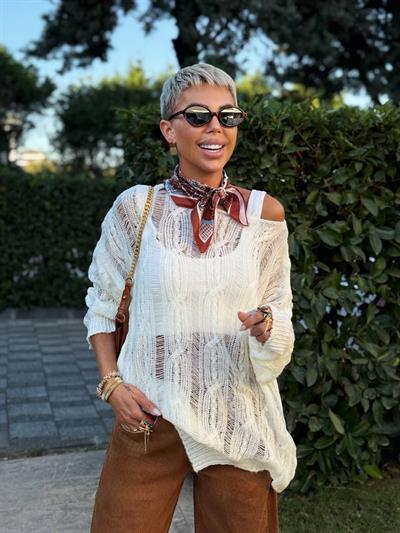 EKRU SAÇ ÖRGÜ AJURLU TRİKO KAZAK 