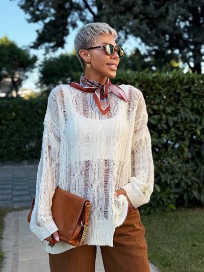 EKRU SAÇ ÖRGÜ AJURLU TRİKO KAZAK 