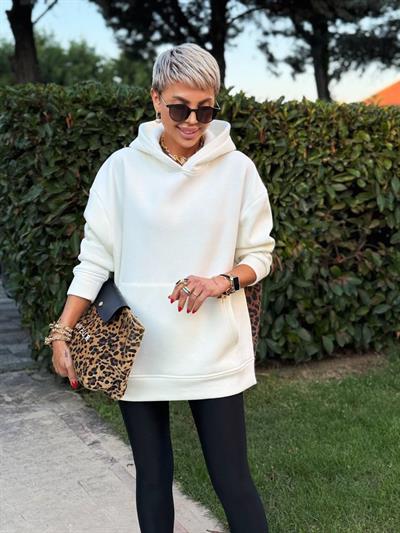 ECRU HOODIE WITH LEOPARD-PANEL BACK