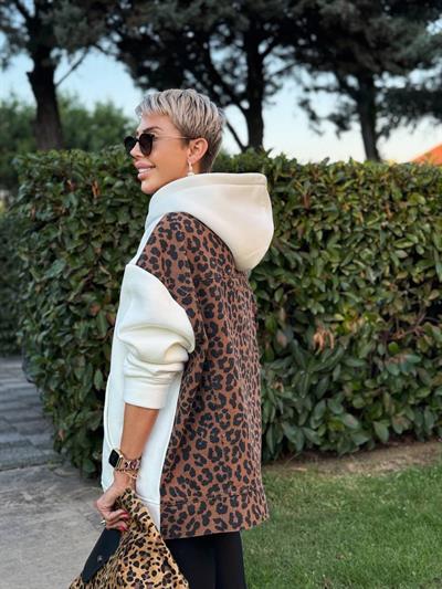 ECRU HOODIE WITH LEOPARD-PANEL BACK