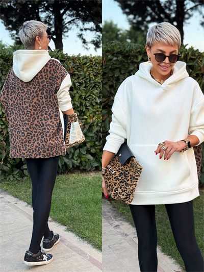 ECRU HOODIE WITH LEOPARD-PANEL BACK