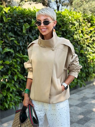 Fermuarlı Apoletli Kısa Trenç Camel