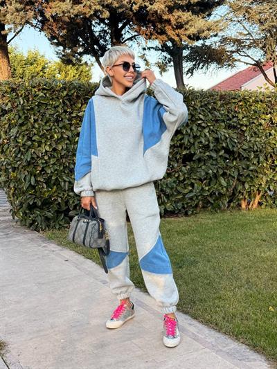 GRİ DENIM DETAY HOODIE JOGGER TAKIM