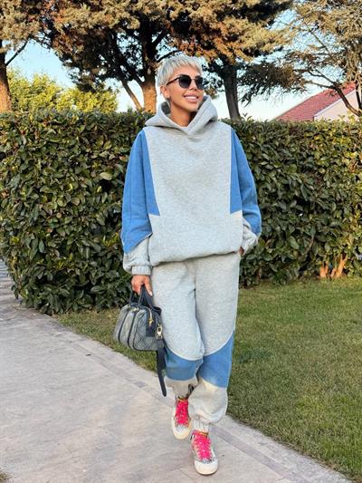 GRİ DENIM DETAY HOODIE JOGGER TAKIM