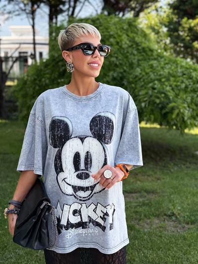 GRİ ESKİTME BASKI MICKEY TSHIRT