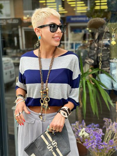 GRİ LACİVERT KAYIK YAKA ÇİZGİLİ MERSERİZE