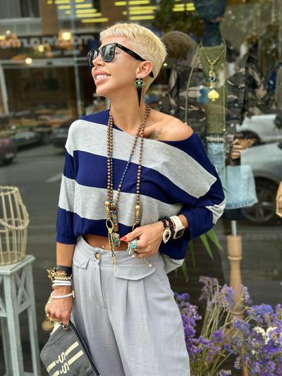 GRİ LACİVERT KAYIK YAKA ÇİZGİLİ MERSERİZE