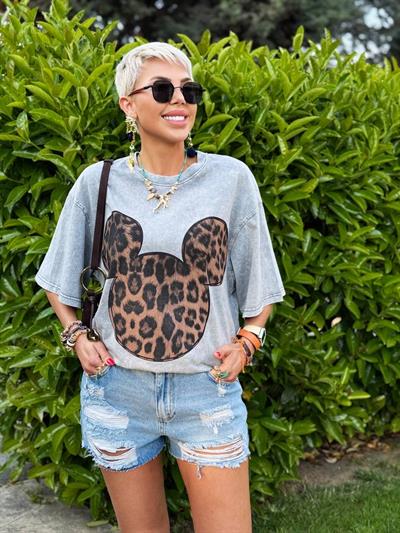 GRİ LEOPAR MICKEY BASKILI OVERSIZE TSHIRT