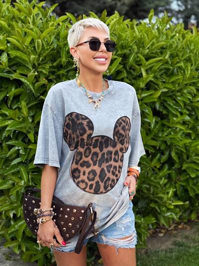 GRİ LEOPAR MICKEY BASKILI OVERSIZE TSHIRT