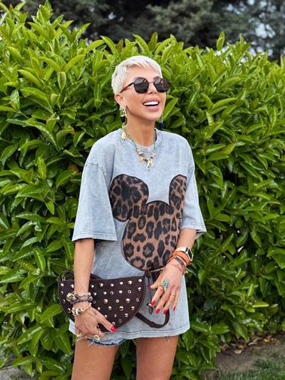 GRİ LEOPAR MICKEY BASKILI OVERSIZE TSHIRT