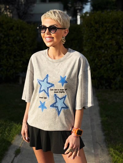 GRİ MAVİ YILDIZ BASKILI TSHIRT 