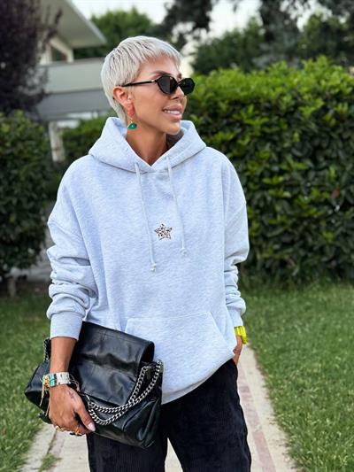 GRİ MELANJ STAR HOODIE