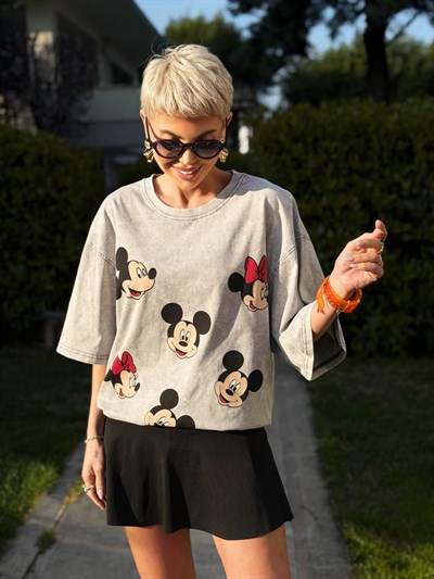 GRİ MİNİ MICKEY BASKILI TSHIRT