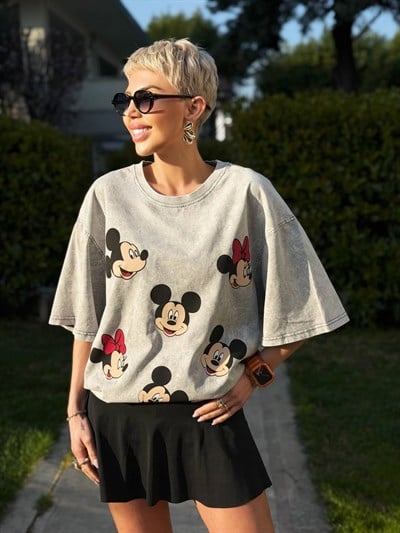 GRİ MİNİ MICKEY BASKILI TSHIRT