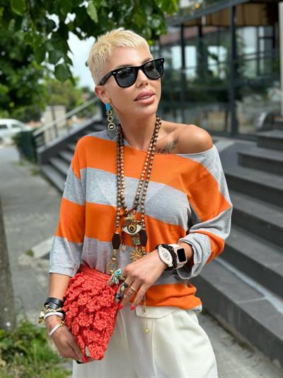 GRİ ORANJ KAYIK YAKA ÇİZGİLİ MERSERİZE