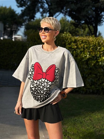 GRİ PAPYON MICKEY BASKILI TSHIRT