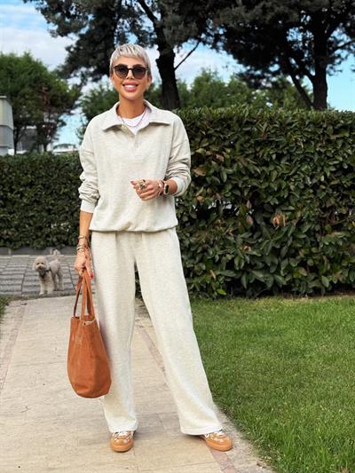 GRİ POLO YAKA DÜĞME DETAY EŞOFMAN TAKIM