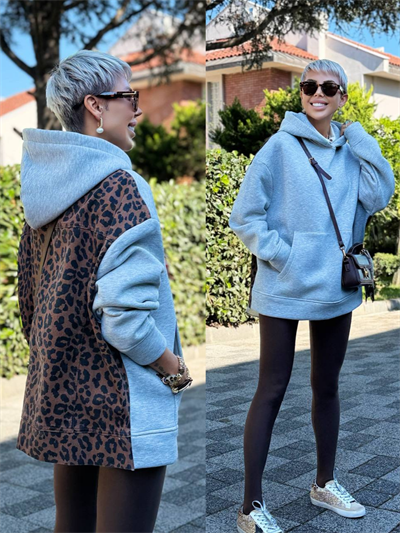 GRİ SIRTI LEOPAR GARNİLİ HOODIE
