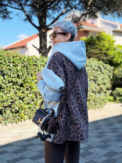 GRİ SIRTI LEOPAR GARNİLİ HOODIE