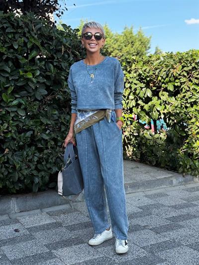 GRİ YIKAMALI CROP PANTOLON TAKIM 