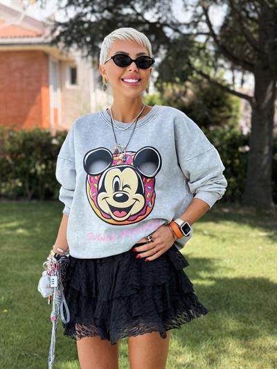 GRİ YIKAMALI SUGAR MICKEY SWEATSHIRT