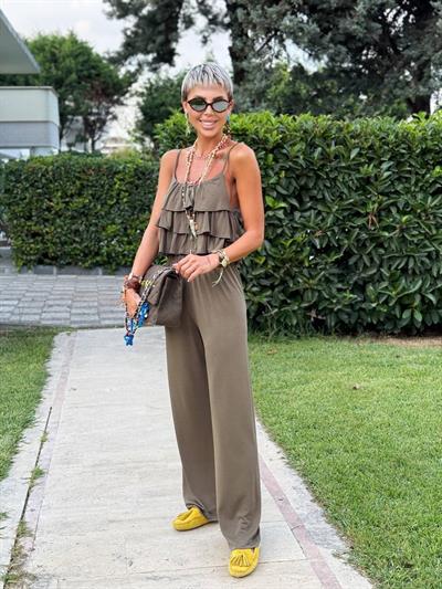 HAKİ FIRFIRLI CROP PANTOLON TAKIM