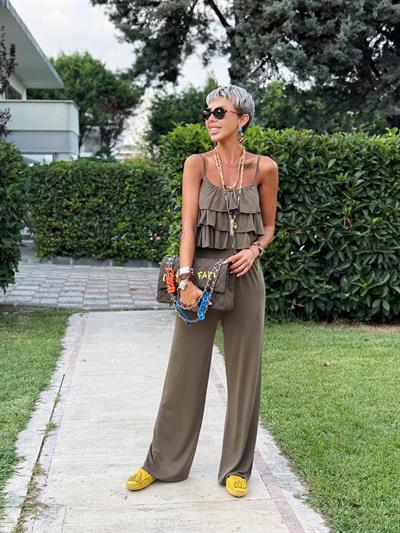 HAKİ FIRFIRLI CROP PANTOLON TAKIM
