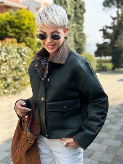 HAKİ KADİFE YAKA MUMLU CEKET