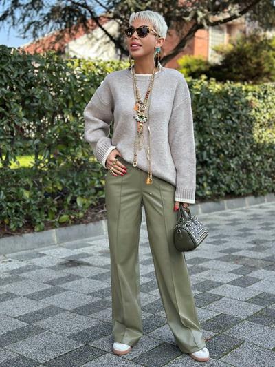 HAKİ ÖNÜ DİKİŞLİ DERİ PALAZZO PANTOLON