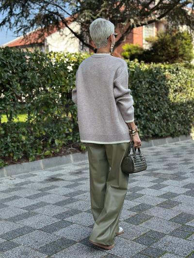 HAKİ ÖNÜ DİKİŞLİ DERİ PALAZZO PANTOLON