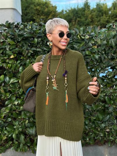 HAKİ YÜN KARIŞIMLI RİBANA DETAYLI KAZAK