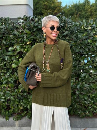 HAKİ YÜN KARIŞIMLI RİBANA DETAYLI KAZAK