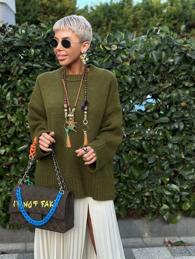 HAKİ YÜN KARIŞIMLI RİBANA DETAYLI KAZAK