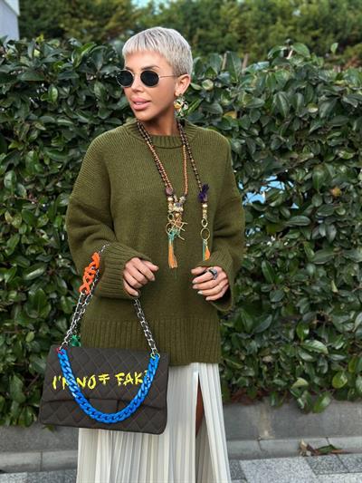 HAKİ YÜN KARIŞIMLI RİBANA DETAYLI KAZAK