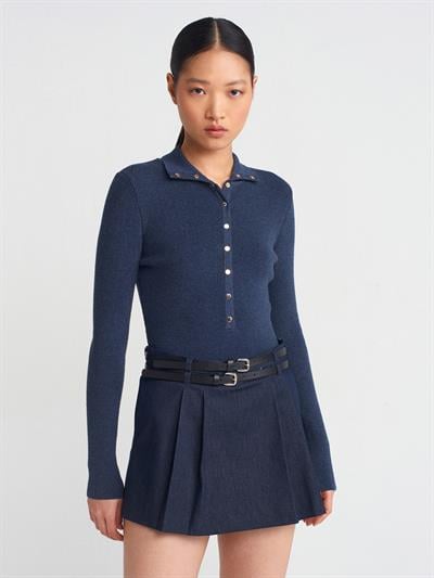 İNDİGO DİK YAKA ÇITÇITLI TRİKO KAZAK