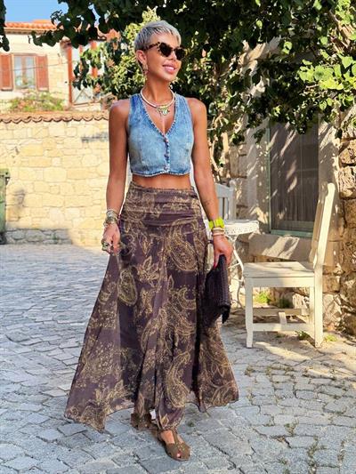 KAHVE BELİ DRAPELİ DESENLİ ŞİFON ETEK