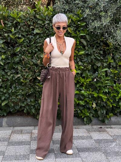 BROWN ELASTIC-WAIST VOILE PANTS