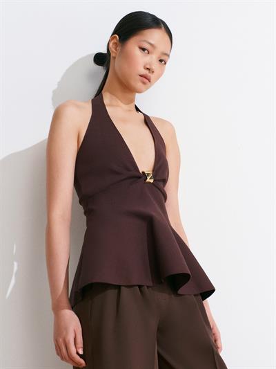 BROWN HALTER-NECK PEPLUM KNIT BLOUSE
