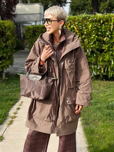 KAHVE CEP DETAY OVERSIZE TRENÇ